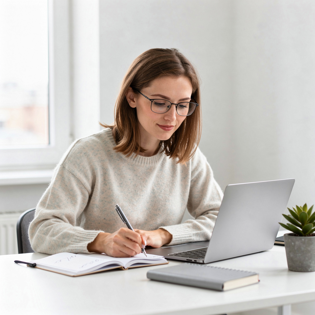 Focused editor wearing glasses working at a desk