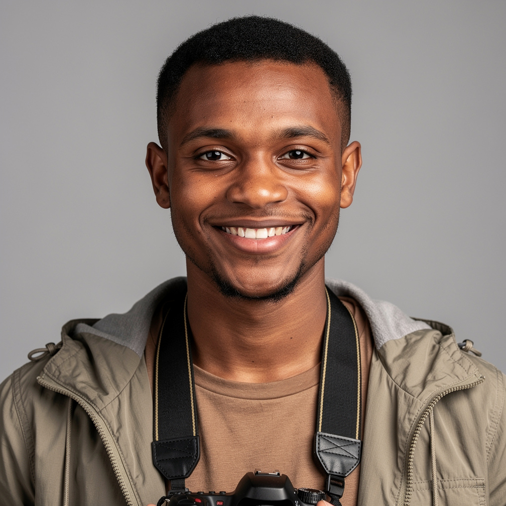 Studio portrait of a young man with a camera around his neck